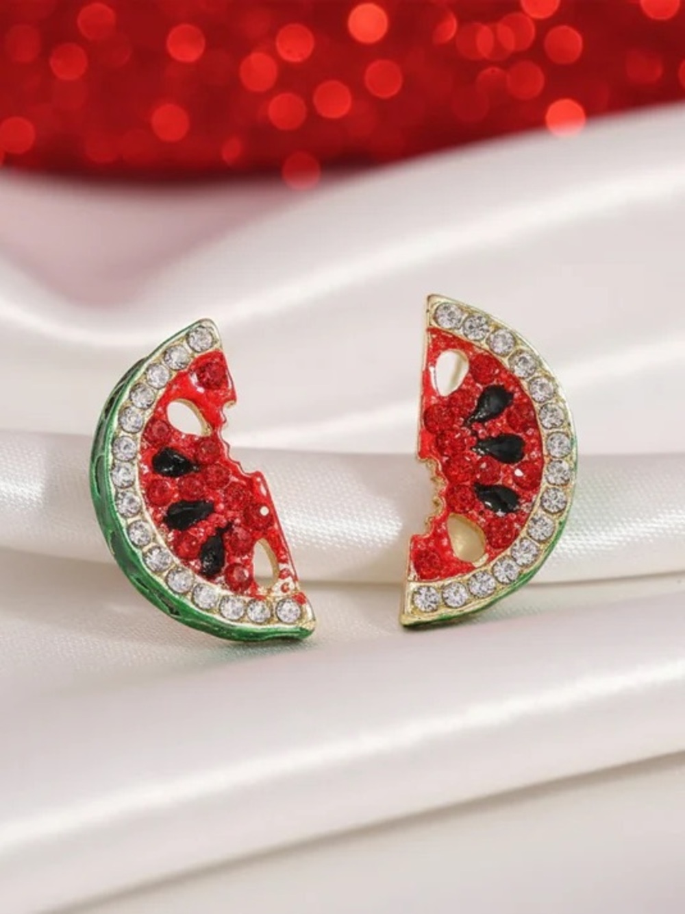 Red & Green Watermelon Slice Crystal Stud Earrings